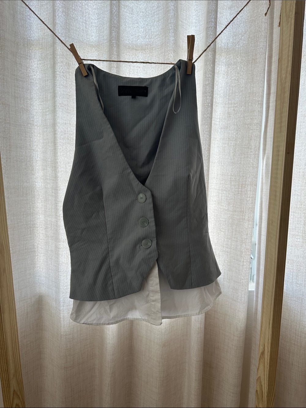 Zara Light Blue Pinstripe Tailored Vest with White Layered Hem
